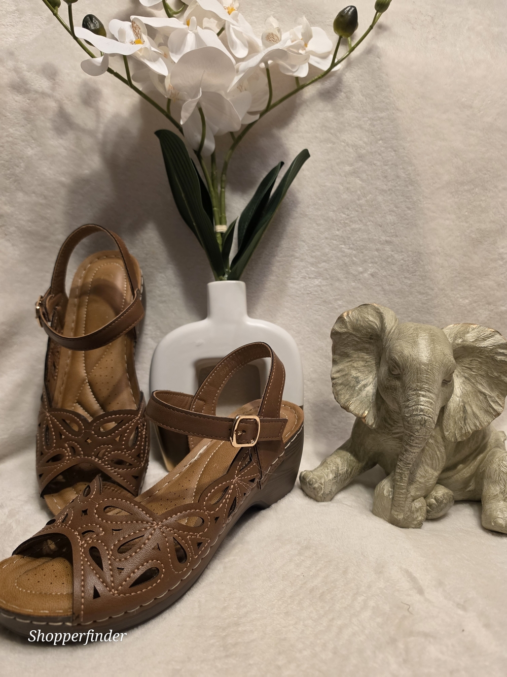 Women’s Tan Cutout Wedge Sandals with Ankle Strap